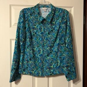 Christopher & Banks Stretch Teal Swirl Jacket Full Front Zip Womens Size L